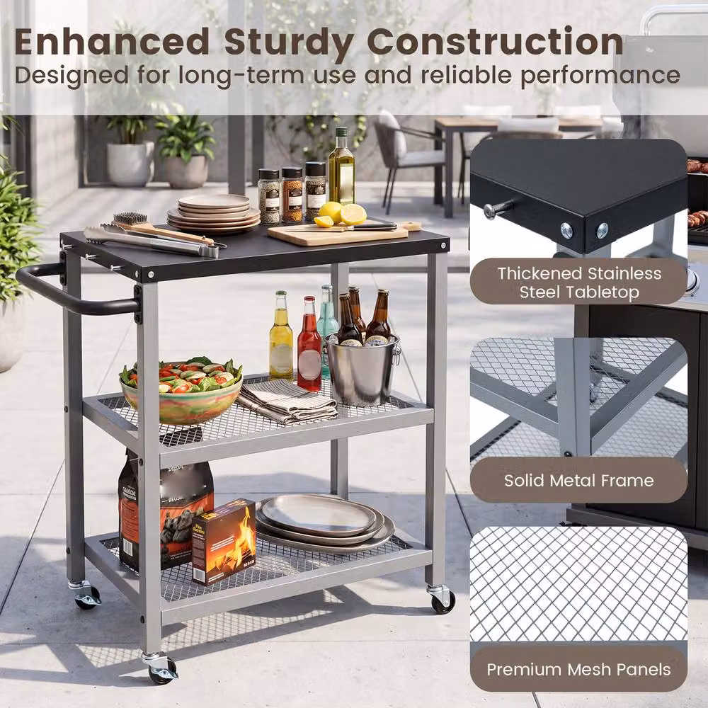 Costway 3-Tier Rolling Metal Kitchen and Garden Utility Cart with 6 Hanging Posts in Silver – 8