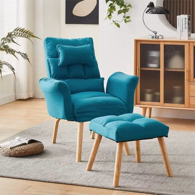 Kelvenix Blue Relax Lounge Chair with Footstool and Armrests in Teal Fabric