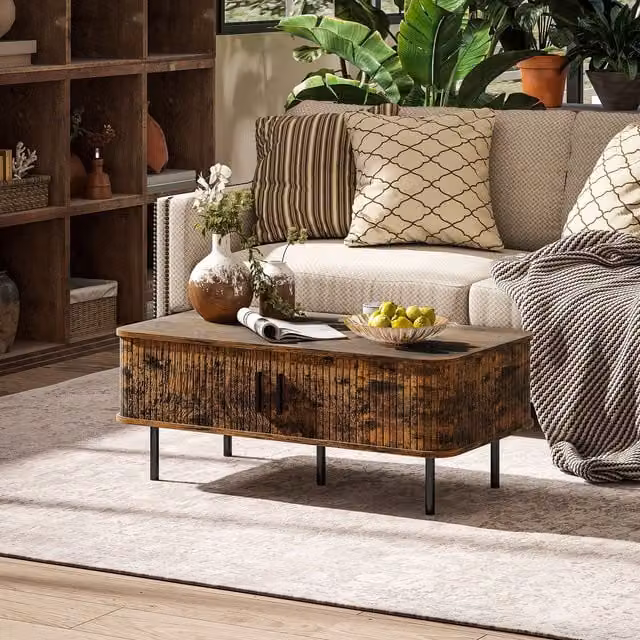 HOMCOM Mid-Century Rectangular Coffee Table with Storage and Sliding Doors in Brown – 1