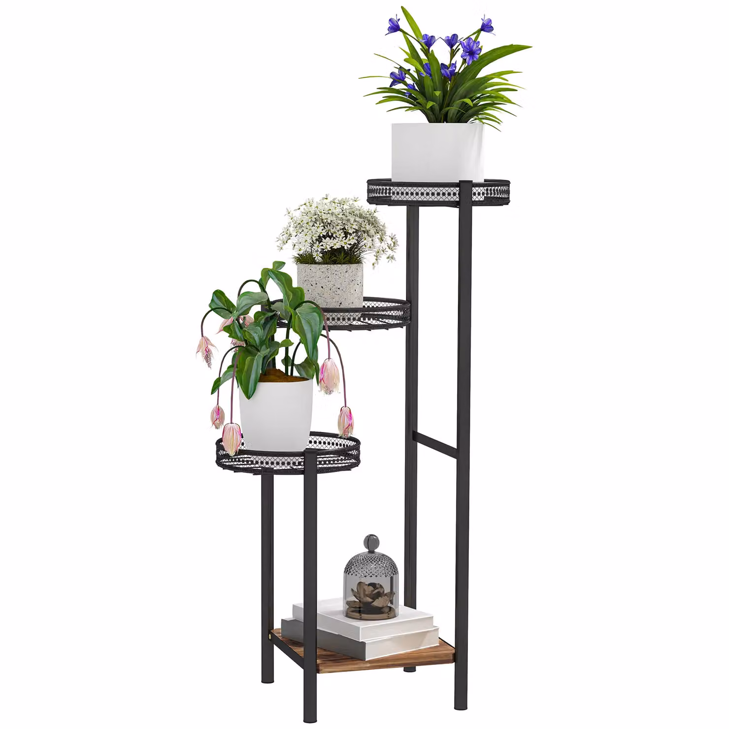 OUTSUNNY 4 Tiered Metal and Wood Plant Pot Stand, Black, W/D/H: 80 x 25 x 23 cm – 2