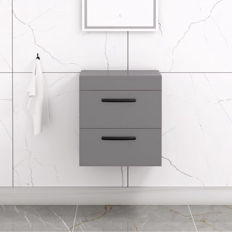 Royal Bathrooms 500mm Wall Hung 2 Drawer Vanity Unit in Indigo Grey Gloss with Matt Black Handles