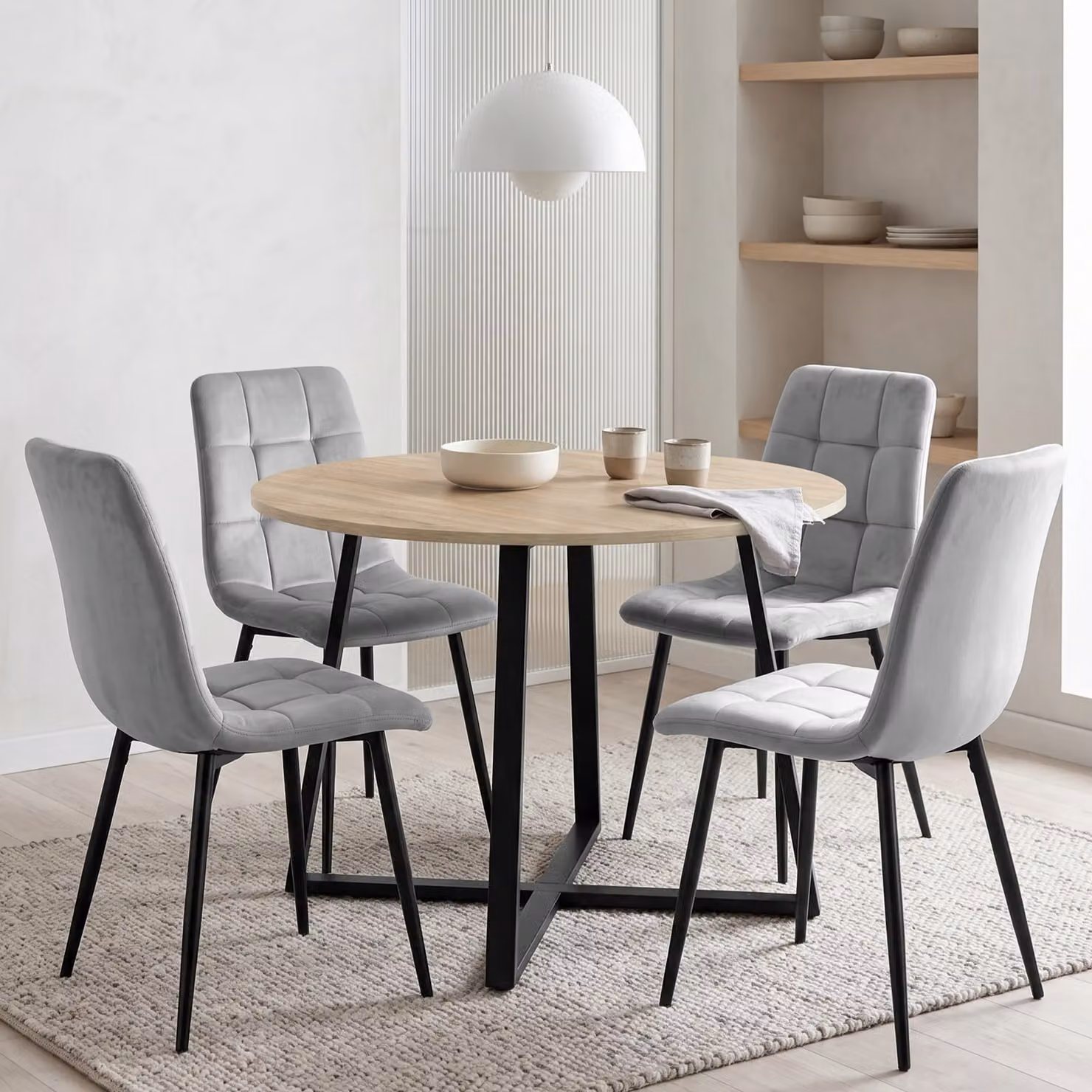 Kyvon Round Dining Table Set with 4 Chairs in Sonoma Oak Effect and Light Grey, Diameter: 110 cm, Height: 75 cm
