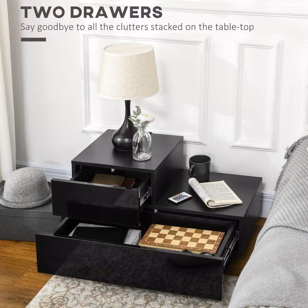 STILVORA Black Glossy Bedside Table with 2 Drawers and Integrated LED Lighting – 6