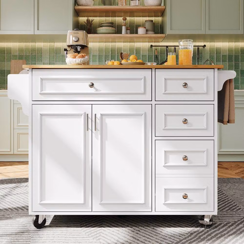 Rolipo White Foldable Kitchen Island Serving Trolley with Storage Cabinet and Vintage Matt Finish – 3