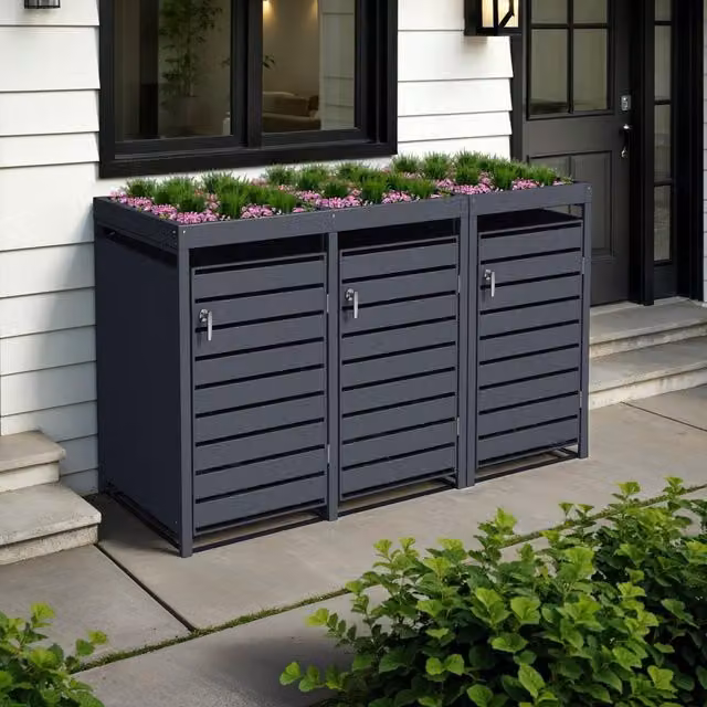The Garden Furniture Centre Triple Anthracite Galvanised Steel Wheelie Bin Storage Cover with Planters