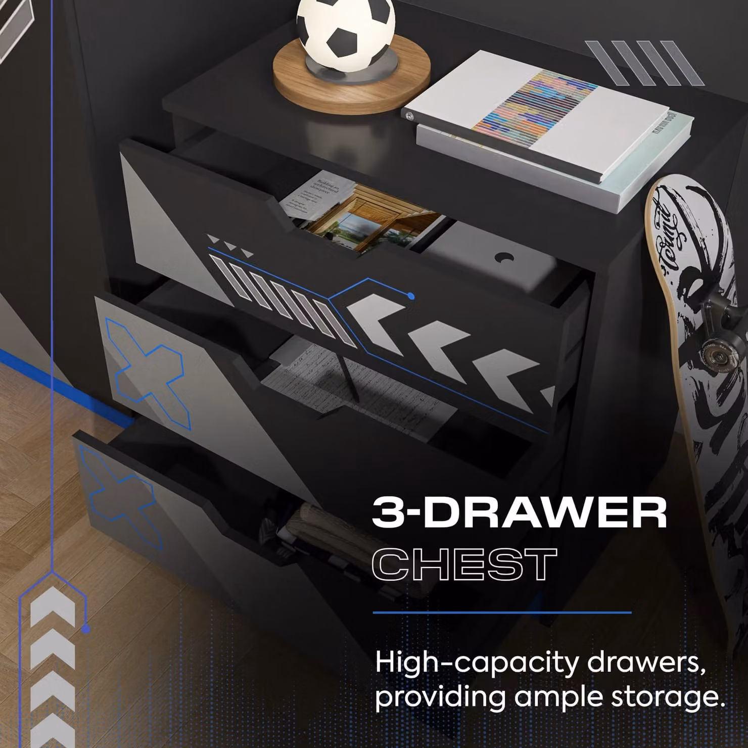 X Rocker Octane 3 Piece Kids Bedroom Furniture Set in Black and Blue – 3