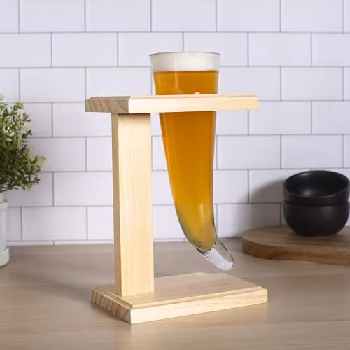 #winning Viking Beer Horn Drinking Glass Vessel with Pine Wood Stand, 480ml – 2