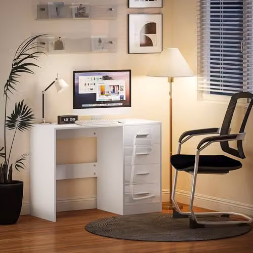 HOMCOM High Gloss Computer Writing Desk with Drawers, White – 6