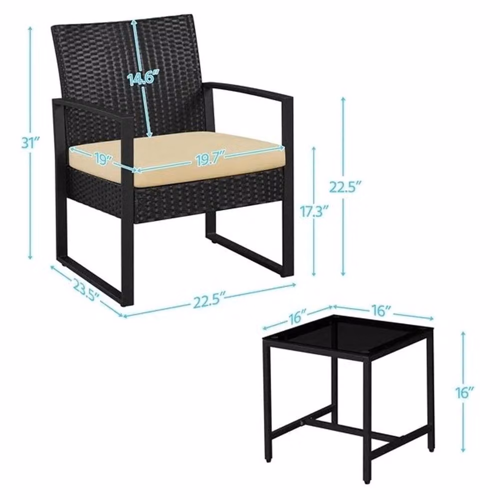 PAWNORA 3-Piece Rattan and Metal Patio Set in Black – 1
