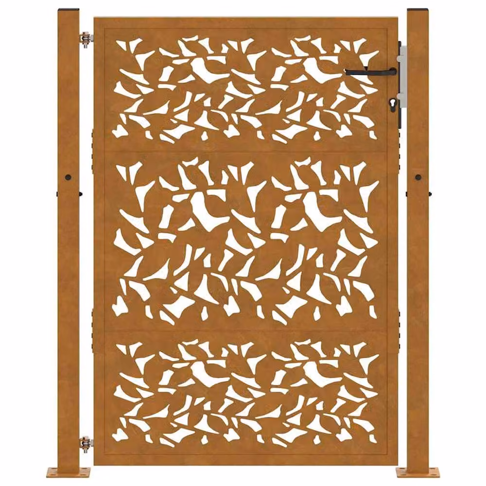 Berkfield Home Beautiful Garden Gate in Brown Weathering Steel with Leaf Design, W: 105 cm, H: 130 cm – 2