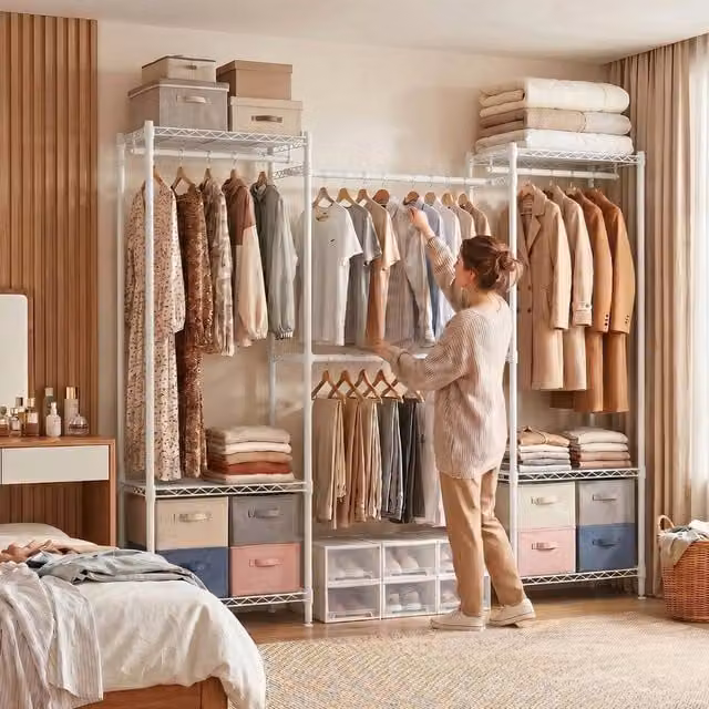 EONLION White Extendable Metal Clothes Rail and Wardrobe Organiser – 1