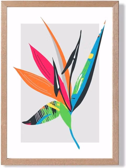 ARTZE Tropical Flower Blue and Green Abstract Minimalist Framed Print with Oak Frame