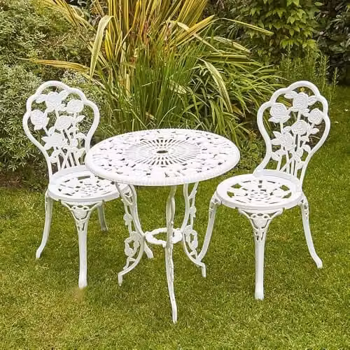 Home Source Rose 3 Piece Bistro Set in White, Powder Coated Aluminium with Floral Design, Round Table W: 60 cm and 2 Chairs