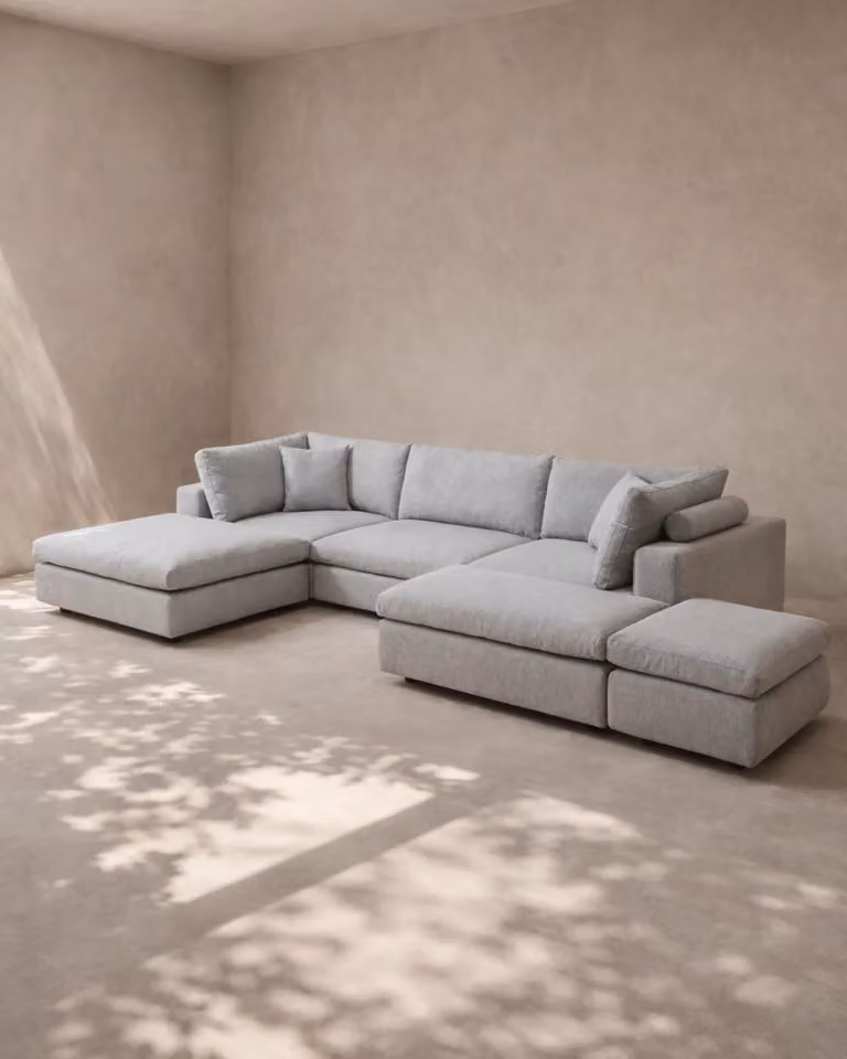 Blanco 6 Piece Modular U-Shape Sofa in Cool Grey with Matching Ottoman and Scatter Cushions