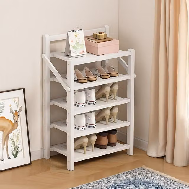 Livingandhome 5-Tier Foldable Bamboo Shoe Rack in White
