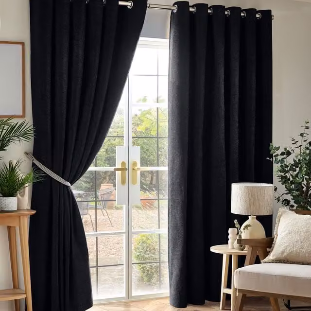 Terrys Black Chenille Triple Woven Eyelet Blackout and Thermal Insulating Curtains