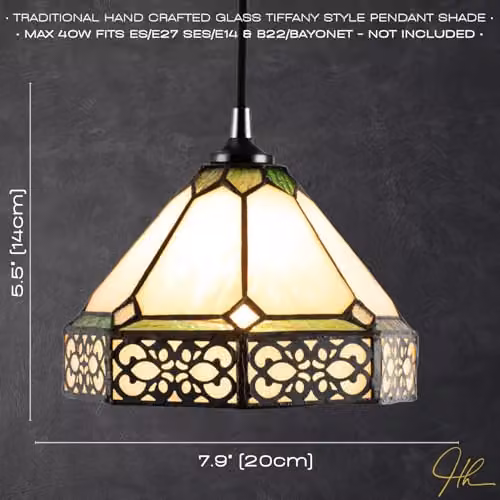 Happy Homewares Shabby Chic 1920s Pendant Light Shade with Amber and Green Stained Glass and Metal Scrollwork, W: 20 cm, H: 14 cm – 2