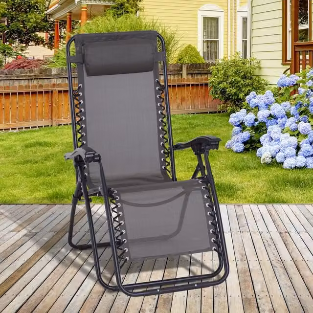 Outsunny Grey Folding Reclining Sun Lounger with Adjustable Headrest and Armrests