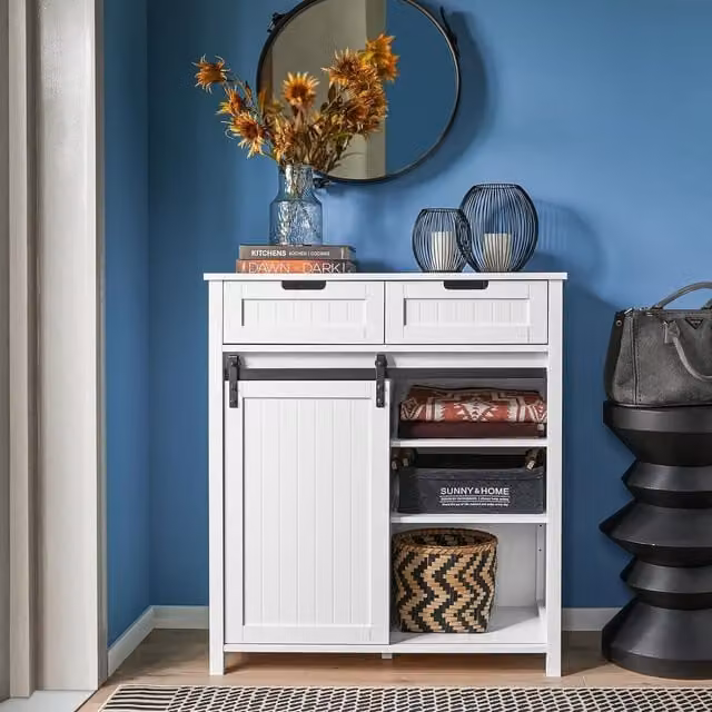 SoBuy Modern White Hallway Storage Cabinet Sideboard with Sliding Door and 2 Drawers