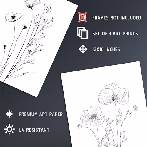 Artery8 Set of 3 Minimalist Line Poppy Flowers Floral Wall Art Paper Prints, W/H: 30.48 x 40.64 cm – 3