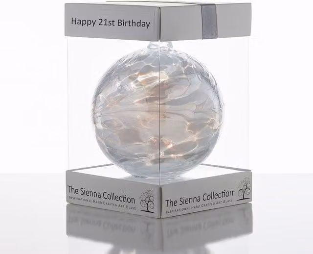 Sienna Glass Milestone Birthday Diamond Round Hanging Glass Bauble in White and Transparent Abstract Geometric Design