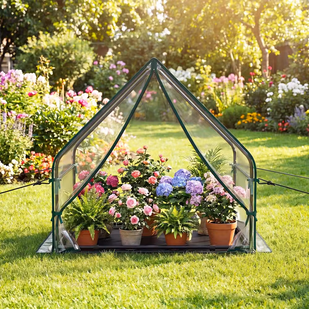 Costway Portable Mini Greenhouse with Ground Stakes and Bottom Mat, Transparent Green, W/D/H: 92 x 85 x 50 cm – 4