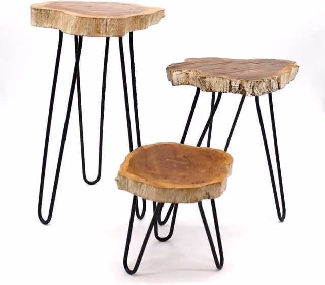 KDMK Set of 3 Industrial Wooden Plant Stands with Metal Hairpin Legs in Brown, Black and Green