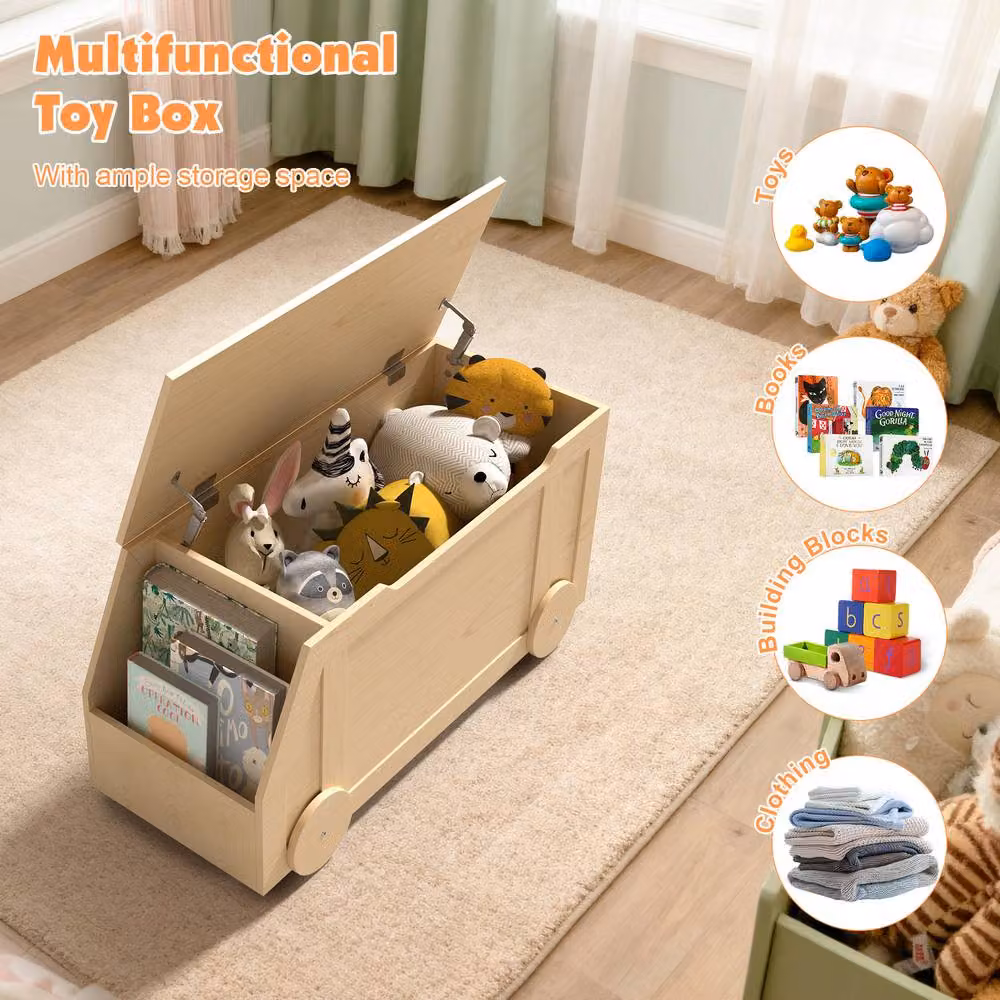 KEEPREAPER Stylish Wooden Childrens Toy Storage Box with Lid and Safety Hinges in Beige – 2