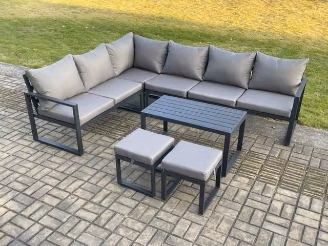 Fimous Aluminium Garden Furniture Set with L-Shape Corner Sofa, Oblong Coffee Table and 2 Ottomans in Dark Grey