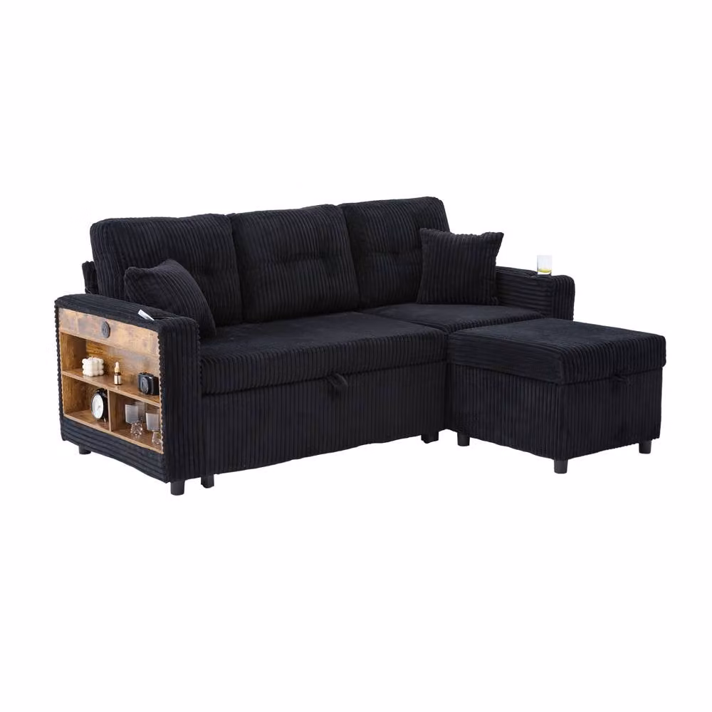 STILVORA Black Corduroy Sofa Bed with Storage and USB Charging – 3