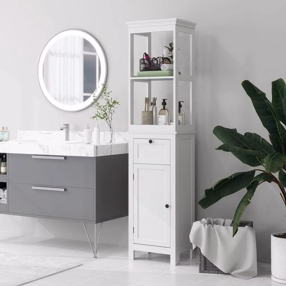 FORGEVIO Tall White Bathroom Cabinet with Soft Close Doors, Drawer and LED Lighting – 2