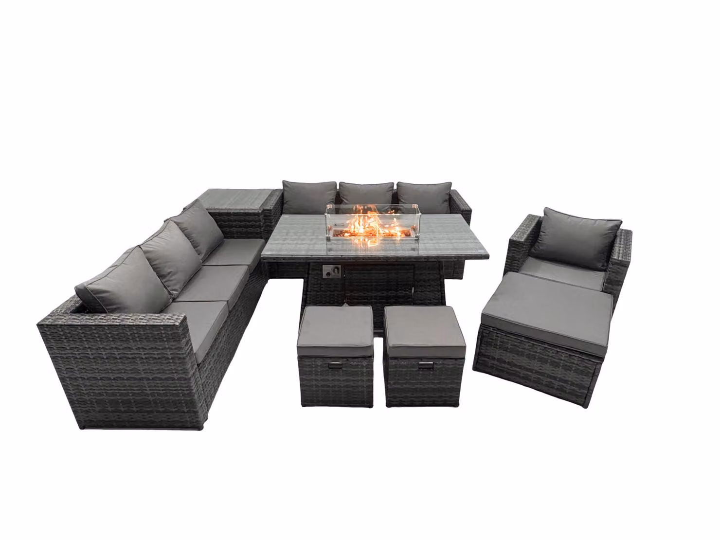 Fimous 10 Seater Rattan Garden Furniture Firepit Dining Set with Lounge Sofa, Table, Side Table and 3 Footstools in Dark Grey – 2