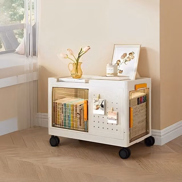 Livingandhome Foldable and Stackable Plastic Storage Box with Wheels, White and Transparent, W: 36 cm, D: 36 cm