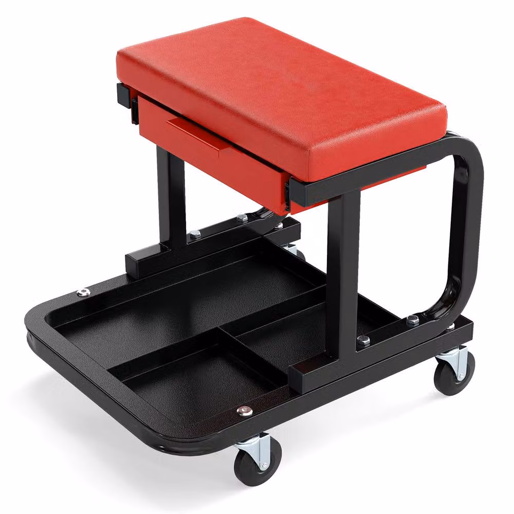 Costway Rolling Workshop Creeper Seat Padded Mechanic Stool with Drawer and Shelf in Red and Multicolour – 9