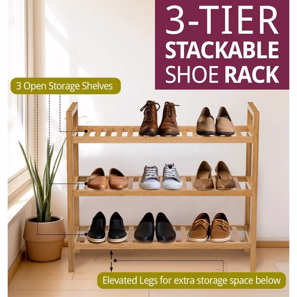 FORGEVIO 3 Tier Stackable Wood Shoe Rack in Light Oak – 3