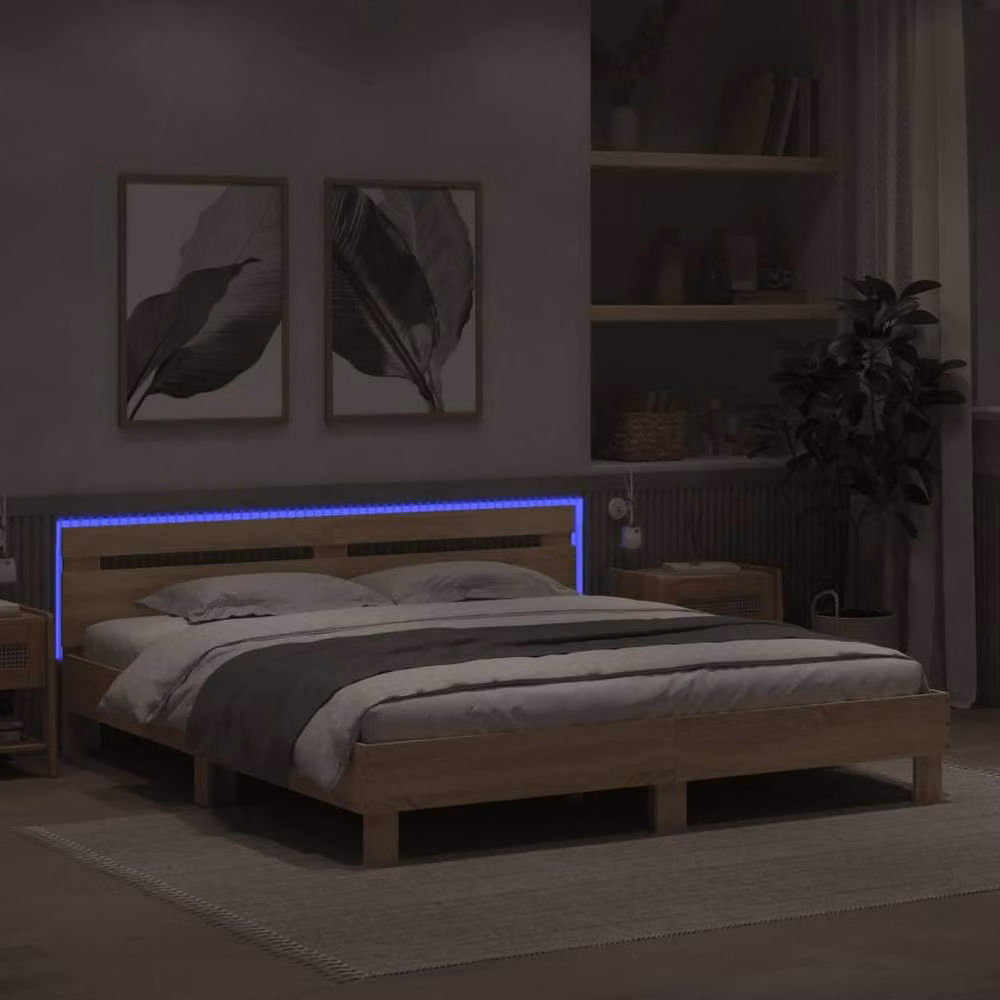 Berkfield Home Durable Bed Frame with Under-Bed LED Lighting in Sonoma Oak, W/D/H: 200 x 200 x 70 cm – 3