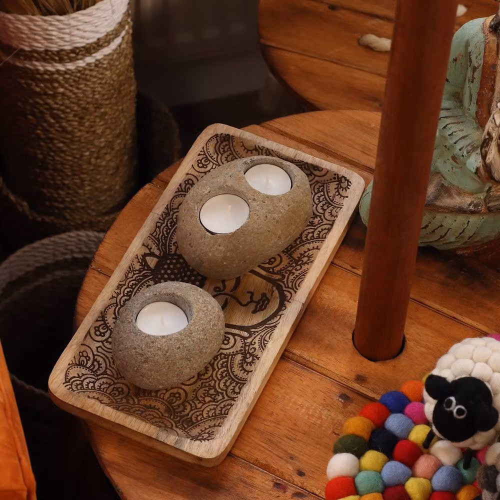 Serenityy Natural Riverstone Double Nightlight Candle Holder in Turquoise and Beige – 3