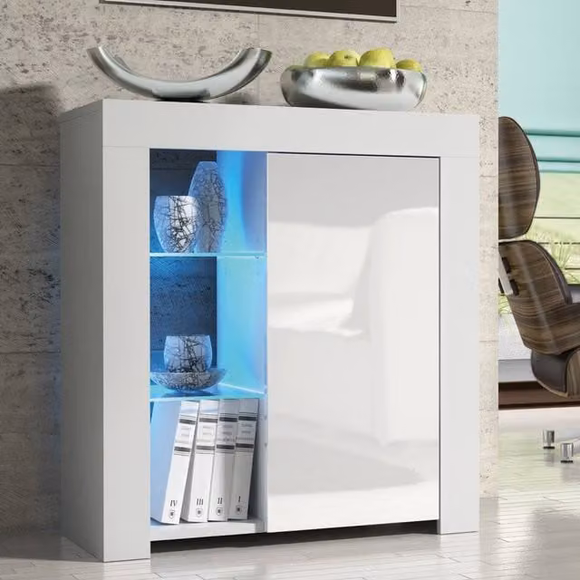 Creative Furniture Serene Sideboard in White with Glossy Doors and Integrated LED Lighting W: 83 cm, H: 75 cm, D: 35 cm