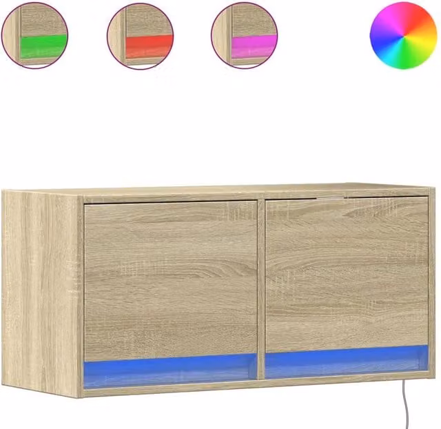 Berkfield Home TV Wall Cabinet with LED Lights in Sonoma Oak, Light Brown, W/D/H: 80 x 31 x 35 cm