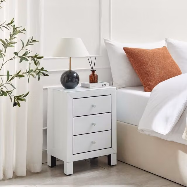 FurnitureboxUK Lexi Mirrored Bedside Table with 3 Drawers in White