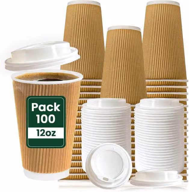 ECONX Brown Kraft Ripple Paper Disposable Coffee Cups with White Lids, 12oz, 500 Pieces
