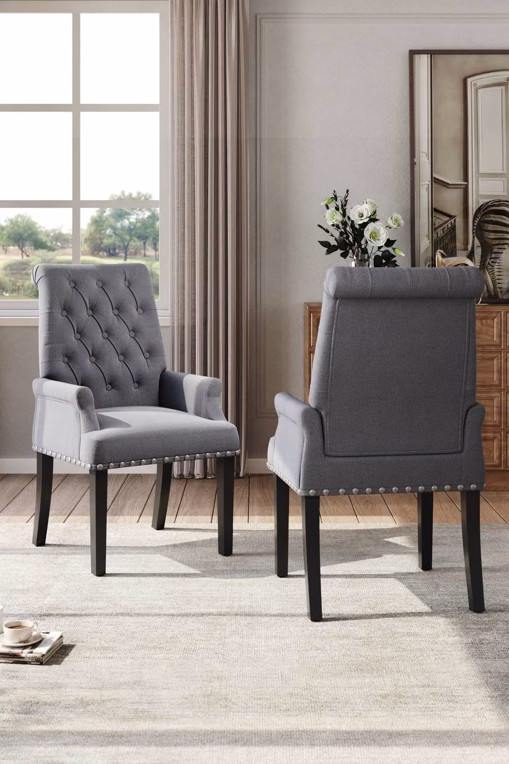 Garden Sanctuary Grey Fabric Upholstered Dining Chair with Armrests and Rubberwood Frame – 2