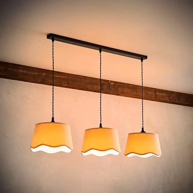 ValueLights Mabel Scallop Shade 3 Drop Bar Ceiling Light in Black with Beige Fabric Shades