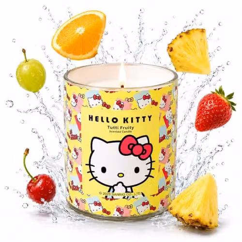 Hello Kitty Tutti Fruity Scented Candle, 213g Fruity and Floral Fragrance in a Yellow and Multicolour Glass Jar – 1