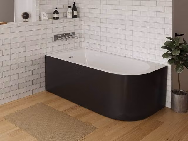 Vente-unique Glossy Black Left Angle Corner Bathtub with Apron, W/D/H: 170 x 75 x 58 cm – 1