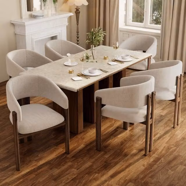 Rolipo Set of 6 Beige Linen Dining Chairs with Walnut Effect Metal Legs