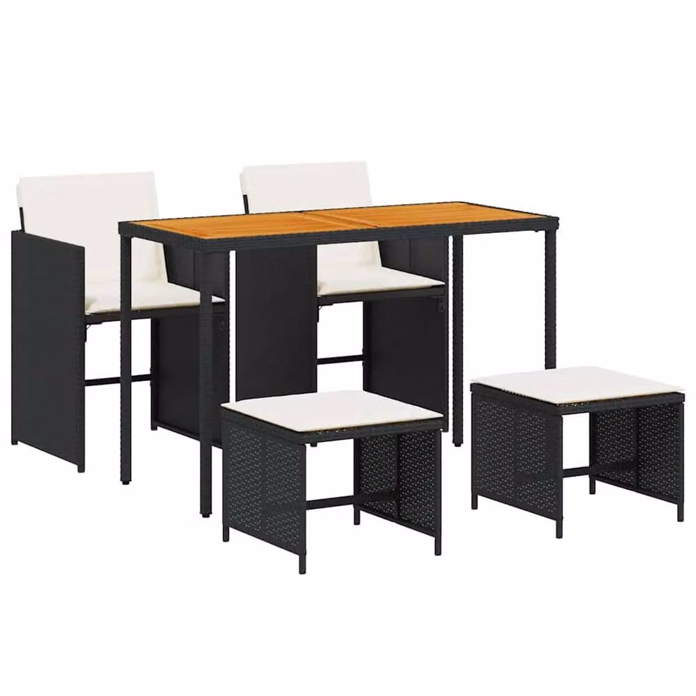 Berkfield Home 5 Piece Black Poly Rattan Garden Dining Set with Acacia Wood Table and Cushions – 2