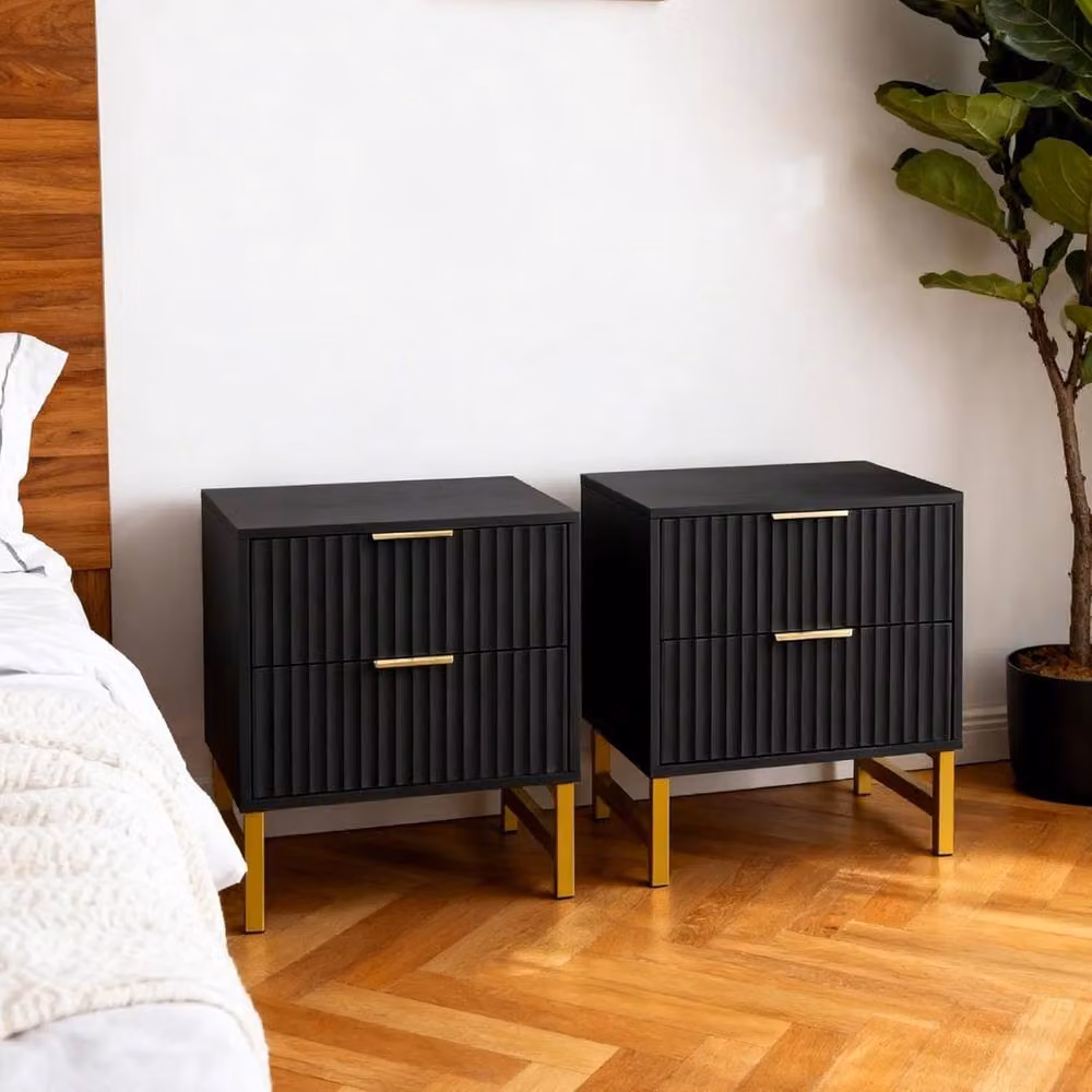 FURNITURE ONE Set of 2 Black and Gold 2 Drawer Bedside Tables with Modern Geometric Design – 4