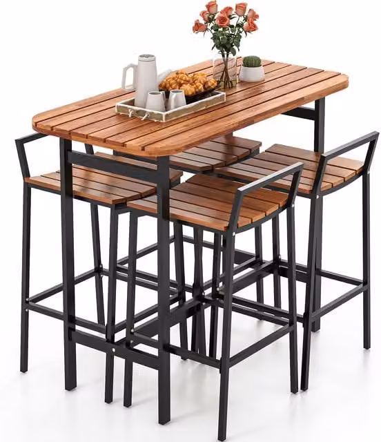 Costway 5-Piece Acacia Wood Outdoor Bar Table and Chairs Set in Natural Brown – 1