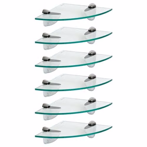 Harbour Housewares Pack of 6 Floating Glass Corner Wall Shelves with Silver Metal Brackets for Bathroom Storage – 1